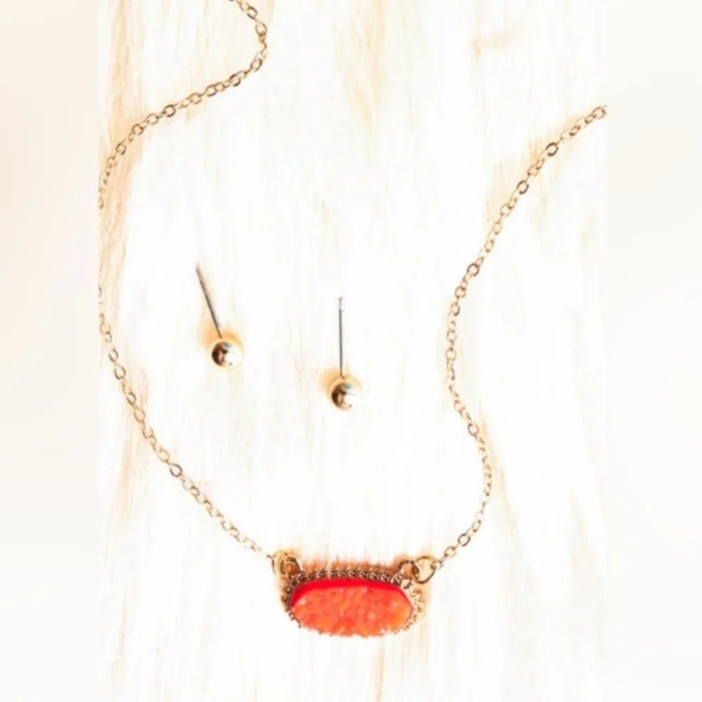 Gold Necklace and Earring Set with Orange Druzy Stone